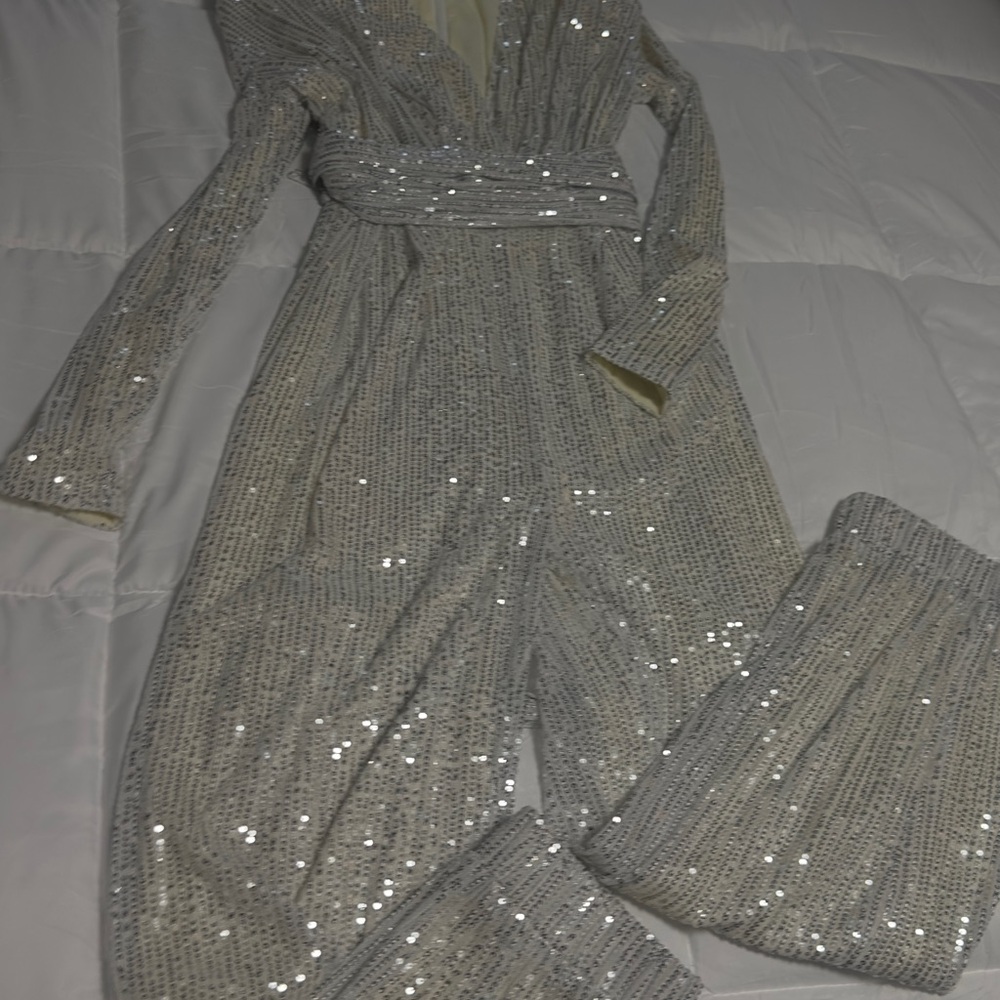 Sequin Deep V Jumpsuit - Silver